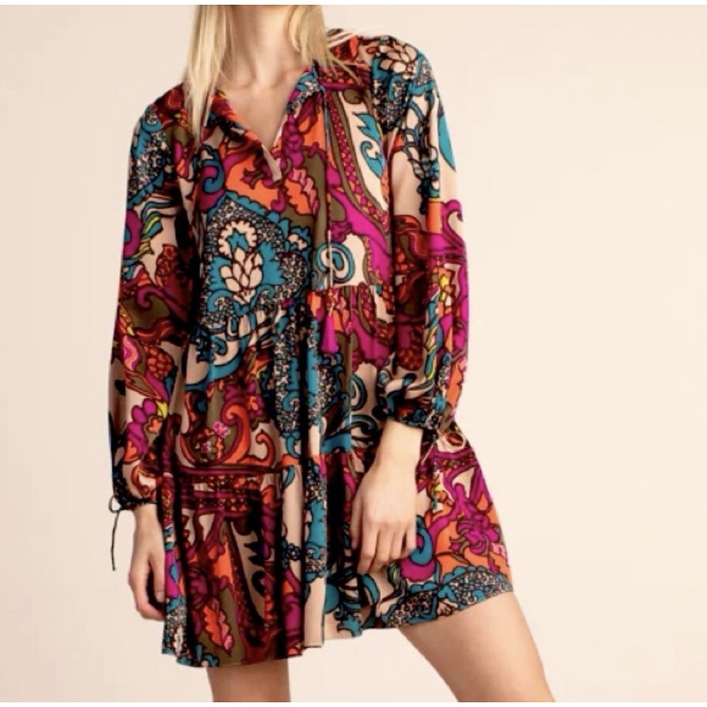 TRINA TURK CINEMA DRESS Women's Size Small Tiered Mini Retro Colorful Cocktail